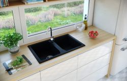 Zlewozmywak granitowy 2-komorowy 77x48 cm Darfor DG018 czarny nakrapiany