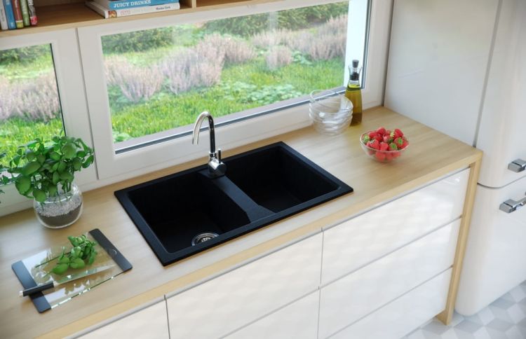 Zlewozmywak granitowy 2-komorowy 77x48 cm Darfor DG018 czarny nakrapiany