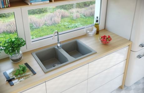 Przejdź do produktu Zlewozmywak granitowy 2-komorowy 77x48 cm Darfor DG018 popiel