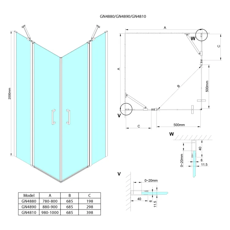LORO kabina prysznicowa 800x800 mm, wejście z rogu