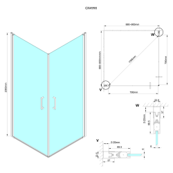 LORO kabina prysznicowa 900x900 mm, wejście z rogu