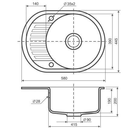 Przejdź do produktu Zlewozmywak granitowy 1-komorowy owalny 58x45 cm z niewielkim ociekaczem Darfor DG012 grafit