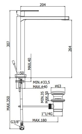 Przejdź do produktu Czarna bateria umywalkowa wysoka 31 cm z korkiem klik-klak Paffoni Tango TA081KNO czarny mat 