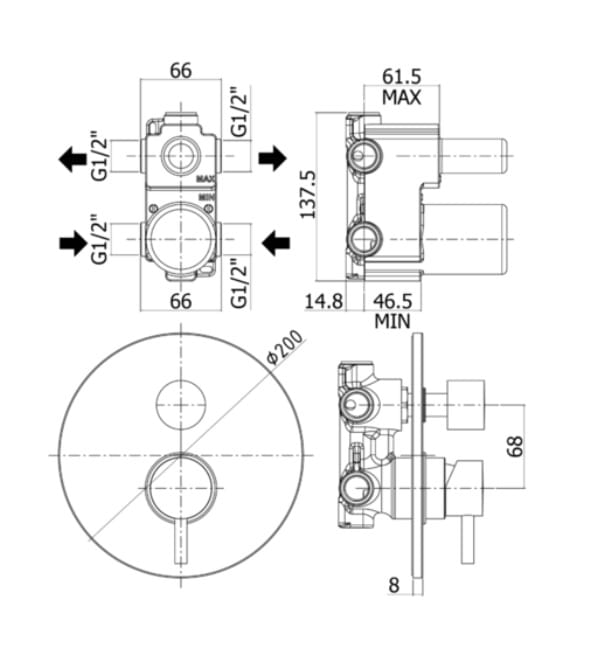 Bateria prysznicowa podtynkowa 3-drożna z przełącznikiem mechanicznym Paffoni Light LIG019
