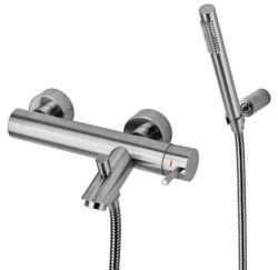 Bateria wannowo-prysznicowa ścienna ze słuchawką prysznicową Paffoni Light LIG023ST stal szczotkowana
