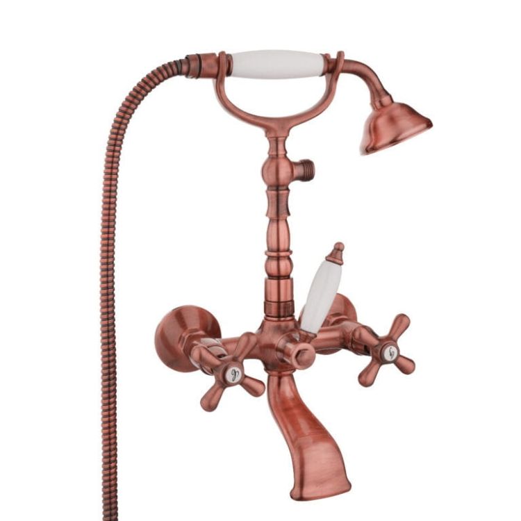 Bateria wannowa ścienna Retro ze słuchawką prysznicową Emmevi Deco Old 12611RA miedź szczotkowana