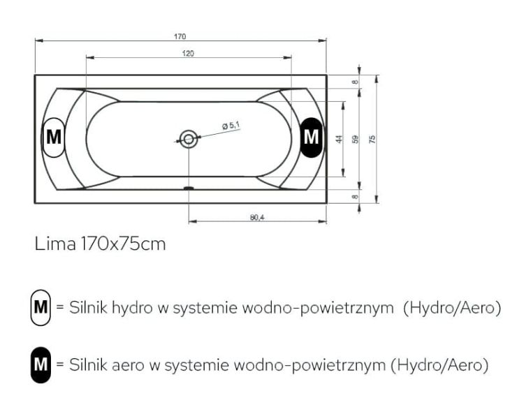 Wanna z hydromasażem 170x75 cm Riho Lima B051004005 biały