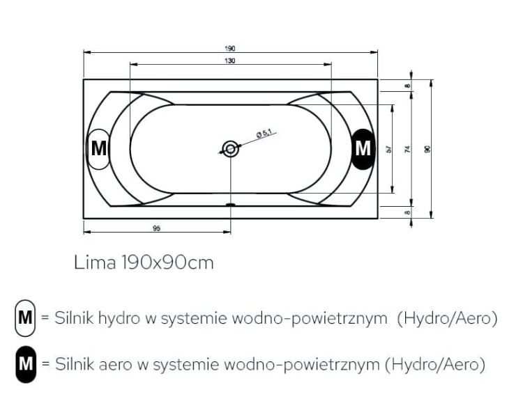 Wanna z hydromasażem 190x90 cm Riho Lima B053004005 biały