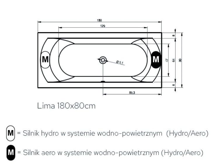 Wanna z hydromasażem 180x80 cm Riho Lima B052004005 biały