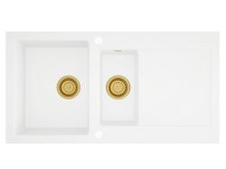 Zlewozmywak granitowy 1,5-komorowy 95x50 cm Darfor DG005 biały syfon złoty