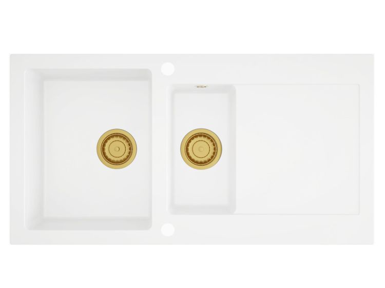 Zlewozmywak granitowy 1,5-komorowy 95x50 cm Darfor DG005 biały syfon złoty