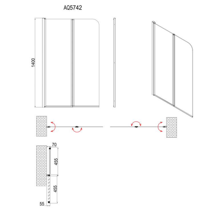 WILA parawan wannowy 900x1400 mm, składany, czarny, szkło czyste
