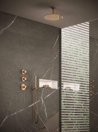 Przejdź do produktu Złoty zestaw prysznicowy, termostatyczny z deszczownicą, słuchawką prysznicową Paffoni Light MDE018HG+ZDUP094HG+C00680OR+ZSOF079HG