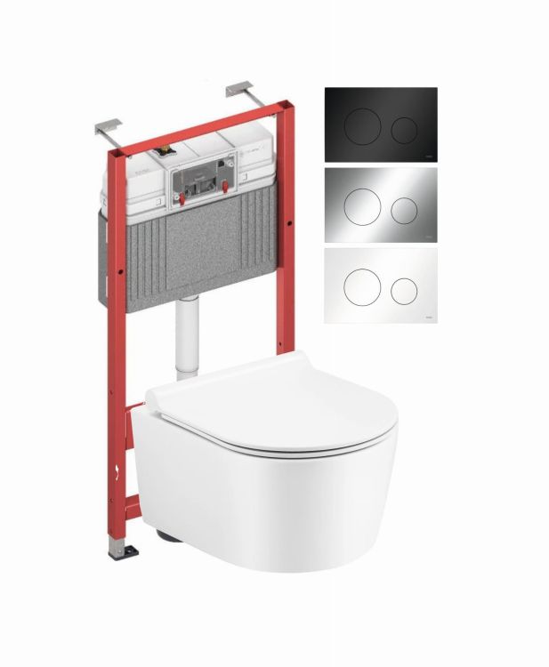 Miska WC bezrantowa, wisząca 50x36 cm z deską WC Slim TREND ze stelażem podtynkowym i przyciskiem spłukującym TeceLoop TR2197+9400407