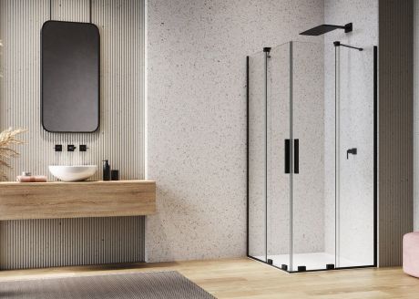 Przejdź do produktu Czarna kabina prysznicowa 100x100 cm z drzwiami rozsuwanymi Ronal Sanswiss Amalia D35SE2L1000607+D35SE2R1000607 czarny mat