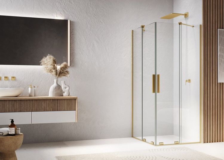 Złota kabina prysznicowa 80x80 cm z drzwiami rozsuwanymi Ronal Sanswiss Amalia D35SE2L0801307+D35SE2R0801307 złoty szczotkowany