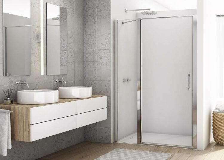 Drzwi prysznicowe wahadłowe 140x200 cm z elementem stałym Ronal Sanswiss Divera D22T13100405007 srebrny połysk
