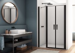 Czarne drzwi prysznicowe 2-częściowe, wahadłowe 110x200 cm z elementem stałym Ronal Sanswiss Divera D22T32080300607 czarny mat