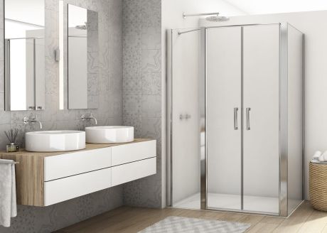 Przejdź do produktu Kabina prysznicowa 90x90 cm z drzwiami wahadłowymi z elementem stałym Ronal Sanswiss Divera D22T32070205007+D22F10905007 srebrny połysk