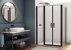 Czarna kabina prysznicowa 100x100 cm z drzwiami wahadłowymi z elementem stałym Ronal Sanswiss Divera D22T32080200607+D22F11000607 czarny mat