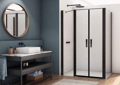 Przejdź do produktu Czarna kabina prysznicowa 180x80 cm z drzwiami wahadłowymi z elementem stałym Ronal Sanswiss Divera D22T32120600607+D22F10800607 czarny mat