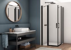 Czarna kabina prysznicowa 110x110 cm z drzwiami wahadłowymi i narożnym wejściem Ronal Sanswiss Divera D22DE2B1100607 czarny mat