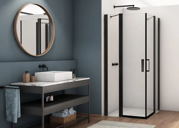 Czarna kabina prysznicowa 120x120 cm z drzwiami wahadłowymi i narożnym wejściem Ronal Sanswiss Divera D22DE2B1200607 czarny mat