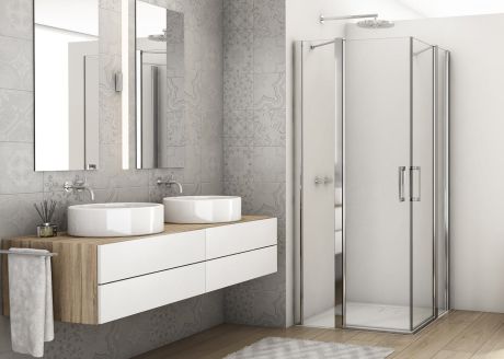 Przejdź do produktu Kabina prysznicowa 90x90 cm z drzwiami wahadłowymi i narożnym wejściem Ronal Sanswiss Divera D22DE2B0905007 srebrny połysk