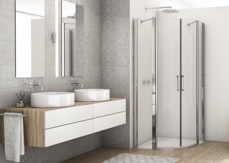 Przejdź do produktu Kabina prysznicowa półokrągła 90x90 cm z drzwiami wahadłowymi i narożnym wejściem Ronal Sanswiss Divera D22ERB550905007 srebrny połysk