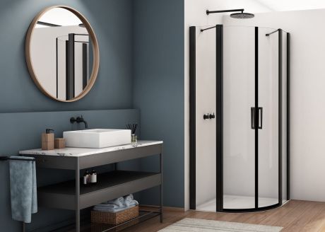 Przejdź do produktu Kabina prysznicowa półokrągła 90x90 cm z drzwiami wahadłowymi i narożnym wejściem Ronal Sanswiss Divera D22ERB550900607 czarny mat
