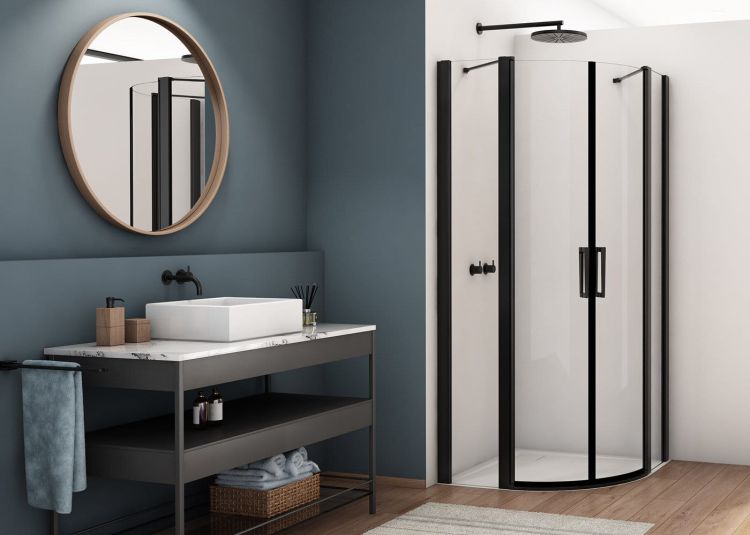 Kabina prysznicowa półokrągła 100x100 cm z drzwiami wahadłowymi i narożnym wejściem Ronal Sanswiss Divera D22ERB551000607 czarny mat