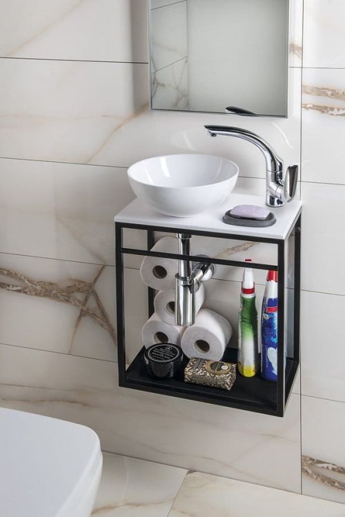 mała umywalka do wc okrągła z baterią na szafce w stylu loft na stelażu czarnym na ramie.jpg
