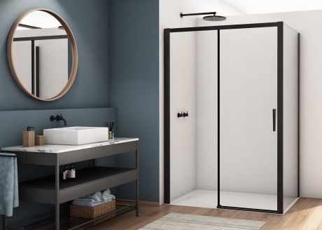 Przejdź do produktu Czarna kabina prysznicowa 120x100 cm z drzwiami rozsuwanymi Ronal Sanswiss Divera D22S2B1200607+D22F11000607 czarny mat