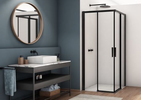 Przejdź do produktu Czarna kabina prysznicowa 100x100 cm z drzwiami rozsuwanymi i wejściem narożnym Ronal Sanswiss Divera D22SE2B1000607 czarny mat