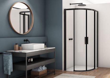 Przejdź do produktu Czarna kabina półokrągła 90x90 cm z drzwiami rozsuwanymi i wejściem narożnym Ronal Sanswiss Divera D22SRB550900607 czarny mat