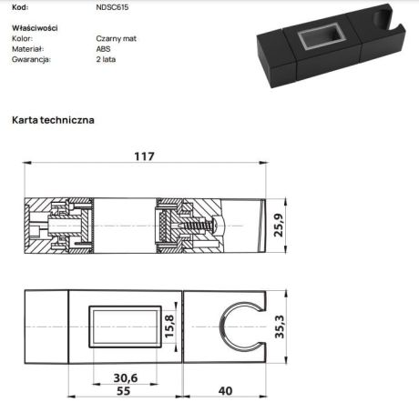Przejdź do produktu Uchwyt na drążek prysznicowy 30x15mm, ABS/czarny mat