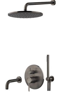 Zestaw prysznicowy, podtynkowy z okrągłą deszczownicą, wylewką i słuchawką prysznicową Emmevi Filo FIL019ZSCW3CNS Gunmetal grafit szczotkowany