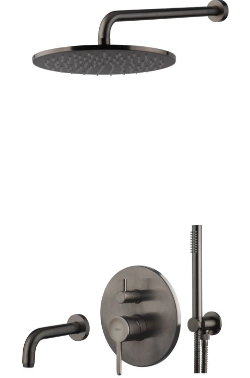 Zestaw prysznicowy, podtynkowy z okrągłą deszczownicą, wylewką i słuchawką prysznicową Emmevi Filo FIL019ZSCW3CNS Gunmetal grafit szczotkowany
