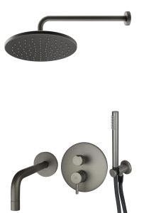 Grafitowy zestaw prysznicowo-wannowy podtynkowy ze słuchawką prysznicową i okrągłą deszczownicą Paffoni Light LIG019ZSCW3AMG