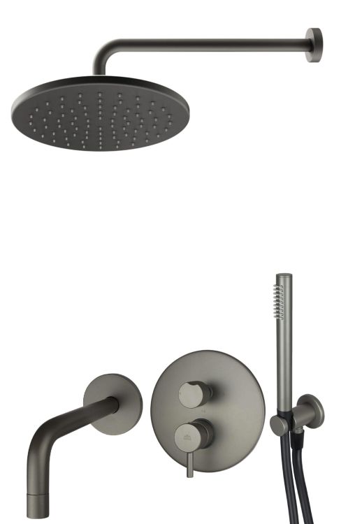 Grafitowy zestaw prysznicowo-wannowy podtynkowy ze słuchawką prysznicową i okrągłą deszczownicą Paffoni Light LIG019ZSCW3AMG