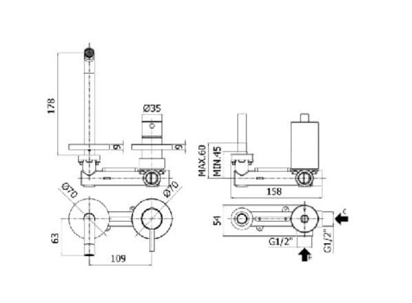Bateria umywalkowa podtynkowa z wylewką 17,8 cm Paffoni Light LIG105MG70 grafit
