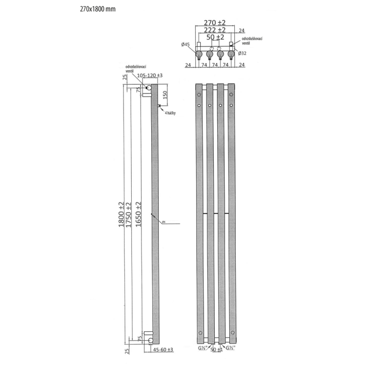 PILON grzejnik łazienkowy 270x1800mm, 4 wieszaki, biały mat