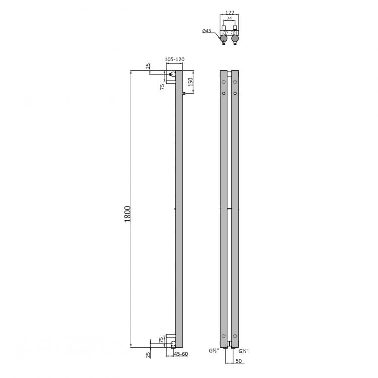 PILON grzejnik łazienkowy 122x1800mm, 2 wieszaki, czarny mat
