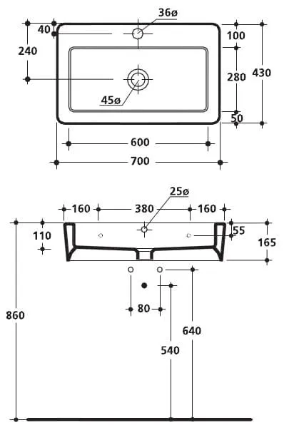 Kerasan Ego Umywalka 70x43 cm 3250 rysunek techniczny