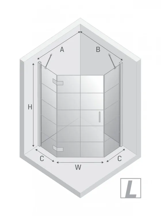 KABINA NEW AZURA BLACK 1D PIĘCIOKĄTNA L 90x90x195 CZYSTE 6mm ACTIVE SHIELD 2.0 WZÓR KRATKA