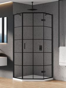 KABINA NEW AZURA BLACK 1D PIĘCIOKĄTNA P 90x90x195 CZYSTE 6mm ACTIVE SHIELD 2.0 WZÓR KRATKA
