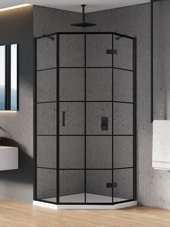 KABINA NEW AZURA BLACK 1D PIĘCIOKĄTNA P 90x90x195 CZYSTE 6mm ACTIVE SHIELD 2.0 WZÓR KRATKA