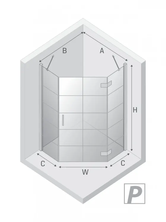 KABINA NEW AZURA BLACK 1D PIĘCIOKĄTNA P 90x90x195 CZYSTE 6mm ACTIVE SHIELD 2.0 WZÓR KRATKA