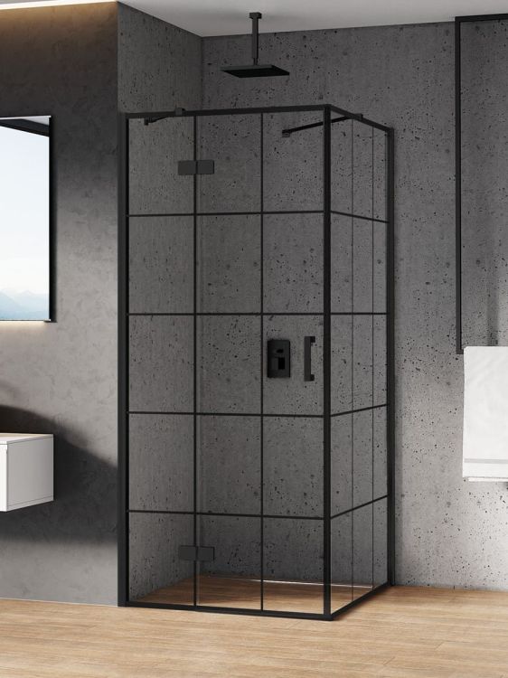 KABINA NEW RENOMA BLACK 1D PROSTOKĄTNA L 90x80x195 CZYSTE 6mm ACTIVE SHIELD 2.0 WZÓR KRATKA