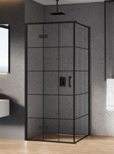 KABINA NEW RENOMA BLACK 1D PROSTOKĄTNA L 90x80x195 CZYSTE 6mm ACTIVE SHIELD 2.0 WZÓR KRATKA WSP. RÓWNOLEGŁY